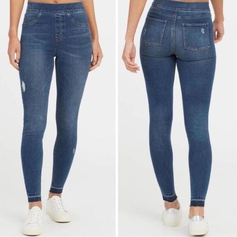 Spanx Distressed Jeggings Skinny Jeans size S Blue Med Wash Pull-On Raw Hem